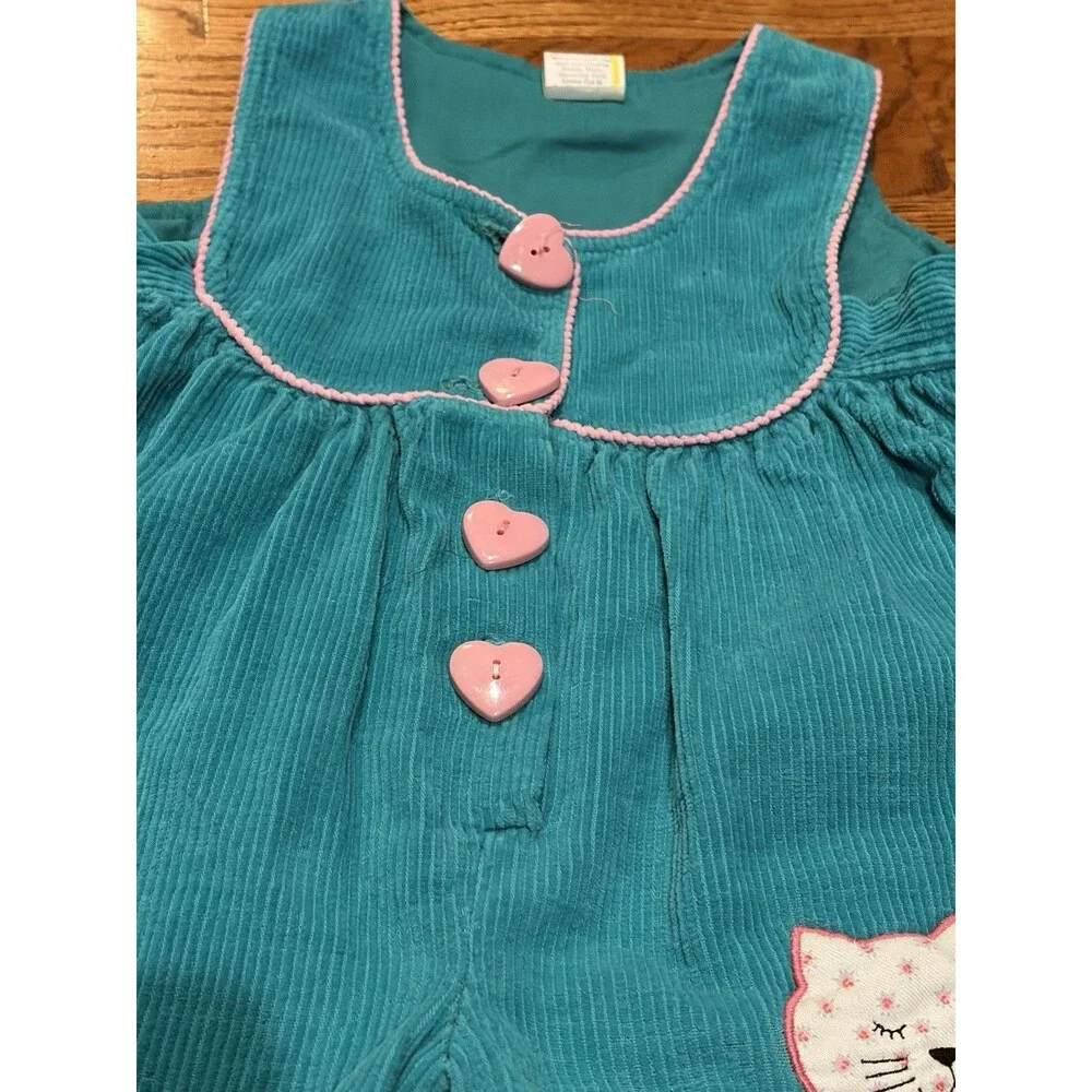 Vtg 80s Girl Corduroy Overalls Size 12 Months  Teal Pink Cat  Heart Buttons